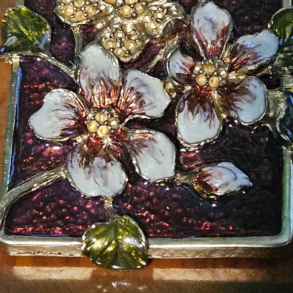 RARE JAY STRONGWATER MAROON DOGWOOD FLOWER VANITY MAKEUP ENAMEL MIRROR - Picture 3 of 12